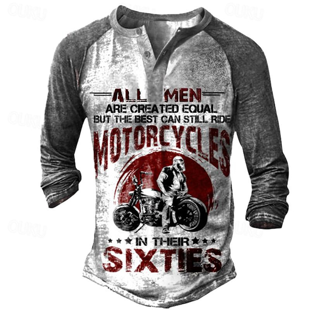  T shirt Tee Henley Shirt Graphic Prints Motorcycle Henley Clothing Apparel Outdoor Casual Long Sleeve Button-Down Print Stylish Lightweight Vintage Sixties Grey And White
