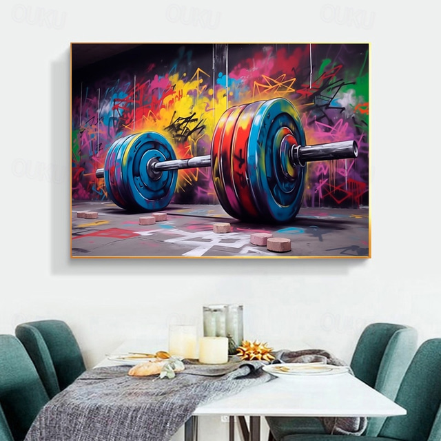  Hand Painted Gym Canvas Wall Art Barbell Graffiti Weightlifting Decor Sport Motivational  Fitness Wall Art Home Decor Large No Frame