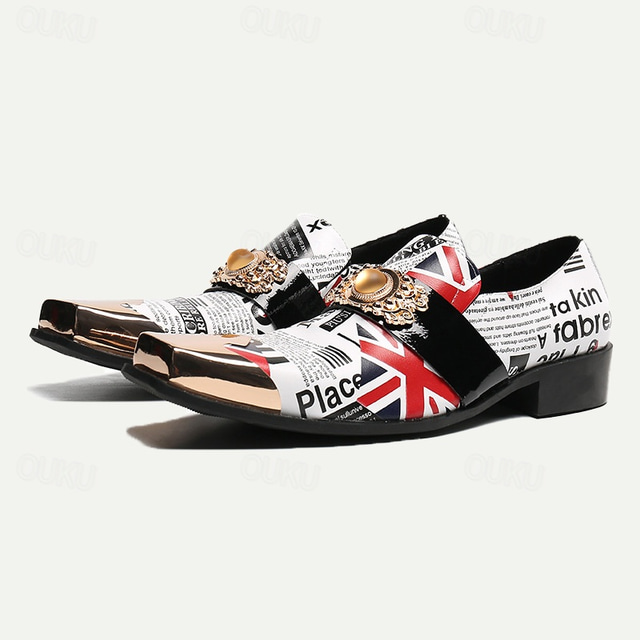  Men's Premium Cowhide Leather Punk Style Loafers - Union Jack and Newspaper Print Slip-On Shoes with Decorative Buckle and Gold Metal Toe Cap