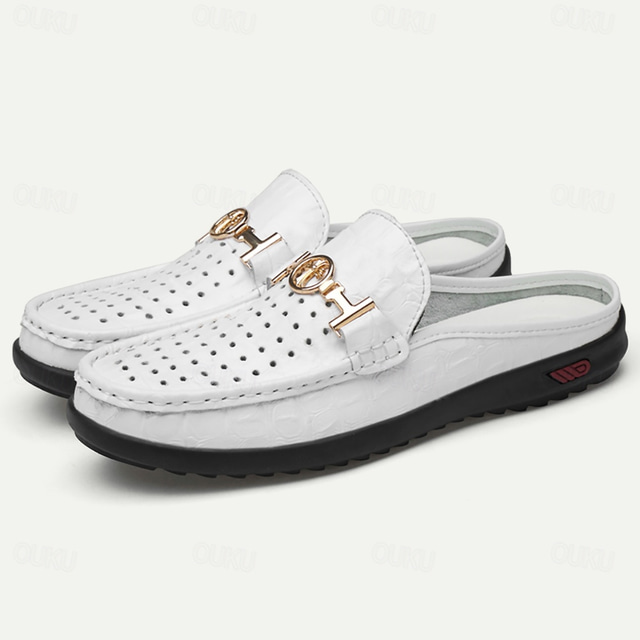  weiße Slipper für Herren mit Krokodilmuster - Lederpantoletten mit goldener Schnalle für Freizeit und formelle Kleidung