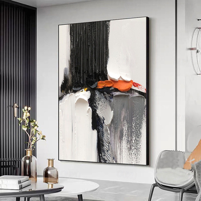  Oil Painting hand painted Black and White 3D Texture Abstract Painting Large Minimalist Abstract painting Wall Art Orange Texture Painting Black and White Minimalist Painting