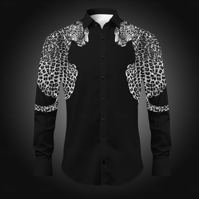  Men's Leopard Button Up Shirt Printed Shirts Long Sleeve Casual Daily Evening Party Holiday Fall Winter Spring & Summer Collared Shirts Buttons Print Black Blue Purple Gray