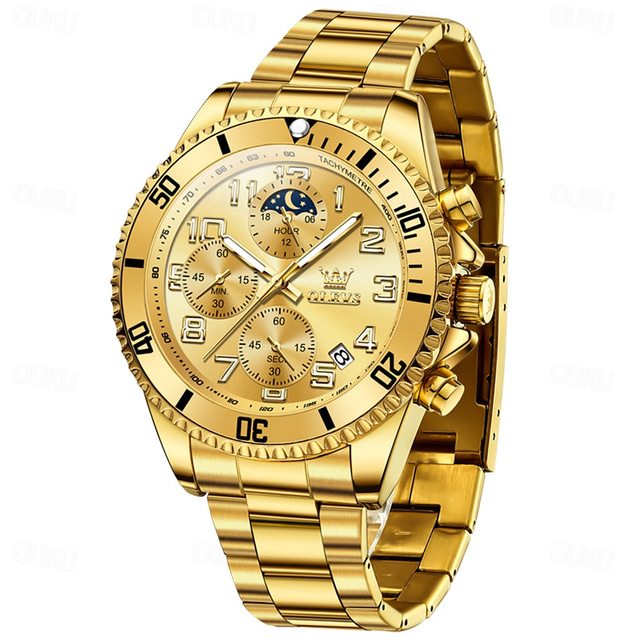  OLEVS Men Quartz Watch Sports Fashion Wristwatch Moon phase Luminous Calendar Chronograph Steel Watch