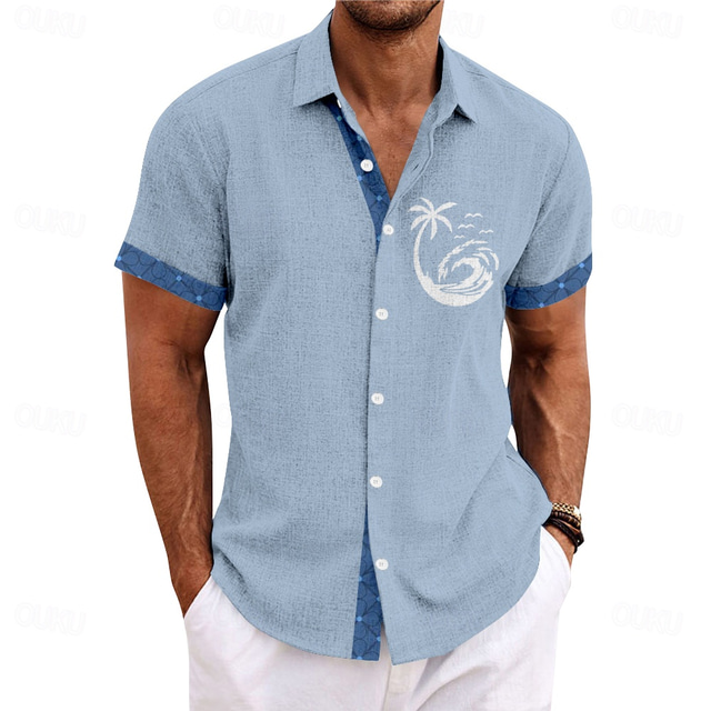  Men's Coconut Tree Shirt Button Up Shirt Short Sleeve Vintage Hawaiian Casual Vacation Daily Summer Spring Turndown Button Up 3D Print White Pink Blue