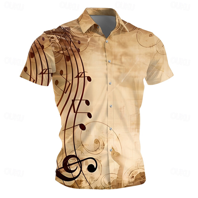  Men's Boardmasters Musical Notes Shirt Button Up Shirt Short Sleeve Vintage Casual Vacation Daily Summer Turndown Button Up 3D Print Brown