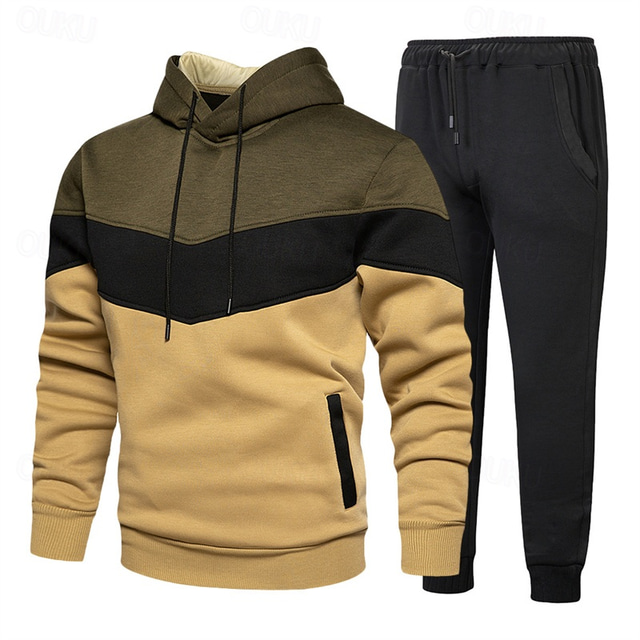  Herre Hattetrøje Joggedress sweatsuit Hvit Vin Oransje Grønn Med hette Fargeblokk Lapper 2 deler Sport & Utendørs Daglig Ferie Gatemote Grunnleggende Fritid Vår & Vinter Klær Gensere Gensere