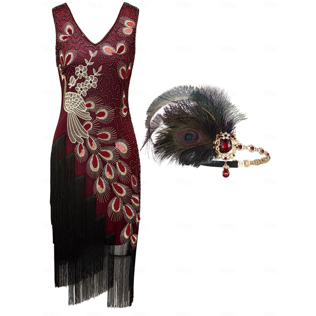 Retro Vintage Roaring 20s 1920s Flapper Dress Flapper Headband Head Jewelry The Great Gatsby Flapper Girl Wedding Guest Sequins Tassel Fringe Feather Women's Wedding Party Dress Club Adults' Dress