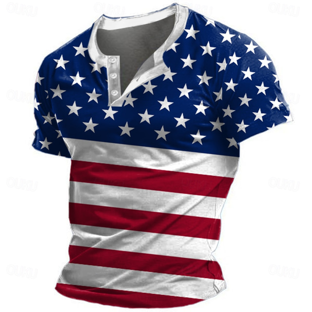  Homme Drapeau américain américain T shirt Chemise Henley Shirt Manche Courte 3D effet Design Rétro Vintage Plein Air Casual du quotidien Eté Printemps Blanche Henley T-shirt Henley