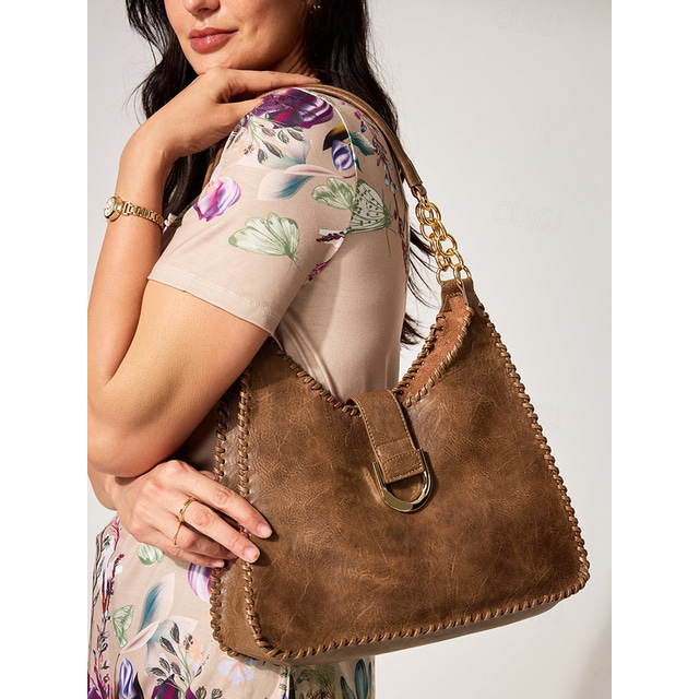  Women's Vintage Leather Hobo Bag with Chain Strap – Large Brown Shoulder Bag for Everyday Use and Casual Outings