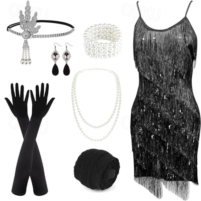  Roaring 20s 1920s Cocktail Dress Knee Length Flapper Dress Dress Outfits The Great Gatsby Charleston Wedding Guest Sequins Tassel Fringe Feather Women's New Year Masquerade Party Evening Wear