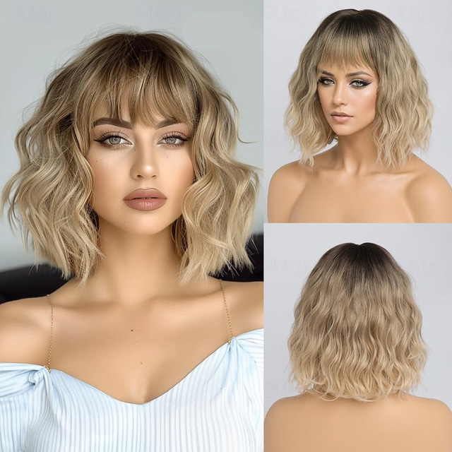  Ombre Blonde Wigs for Women Short Wavy Wig with Bangs Ash Blonde Bob Wig with Dark Roots Medium Length Natural Synthetic Hair for Daily Party& Cosplay Carnival Wigs