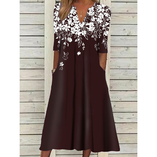  Abito Midi da Donna Abito Tunica Floreale con Tasche Scollo a V Abito Midi Elegante alla Moda per Appuntamenti Quotidiani Manica Mezzo Estate Primavera