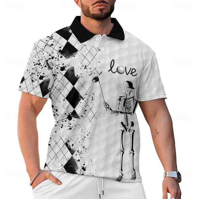  2024 Summer New Style Cross-border European and American 3D Printed Personalized Skull Golf Loose Men's Short Sleeve Polo