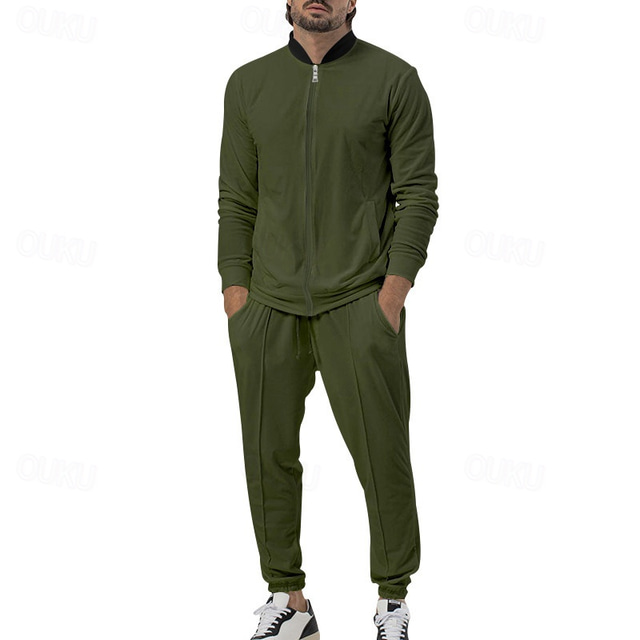  Men's Tracksuit Jogging Suit 2 Piece Full Zip Casual Fall Long Sleeve Breathable Soft Fitness Gym Workout Running Sportswear Activewear Solid Colored Dark Grey Black Army Green