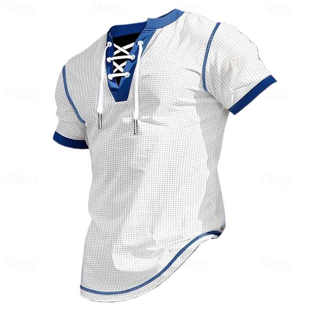  Men's Waffle Henley Shirt Henley Shirt Short Sleeve Shirt Tee Top Short Sleeve V Neck Henley Summer Patchwork Fashion Daily Lace up Drawstring Outdoor Street Causal Black White Navy Blue Top Tee for