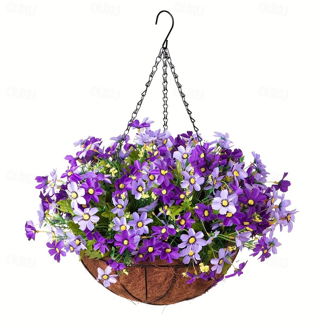  Flores colgantes artificiales en cesta-decoración de jardín de césped para patio exterior/interior, cesta de margaritas con maceta de cadena con forro de coco de 12 pulgadas
