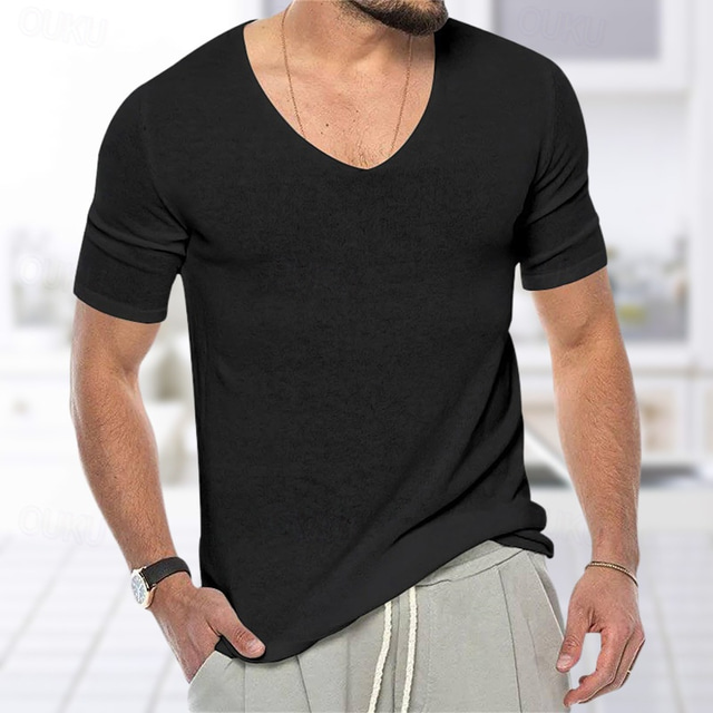  Men's T Shirt Tee Knit Tee Tee Top Short Sleeves V Neck Summer Plain Fashion Designer Basic Knitting Vacation Street Going out Black White Grey Top Tee for Men