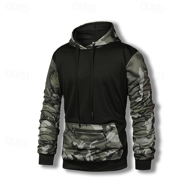  Men's Hoodie Black Hooded Color Block Camouflage Patchwork Pocket Sports & Outdoor Daily Holiday Streetwear Basic Casual Spring &  Fall Clothing Apparel Hoodies Sweatshirts 