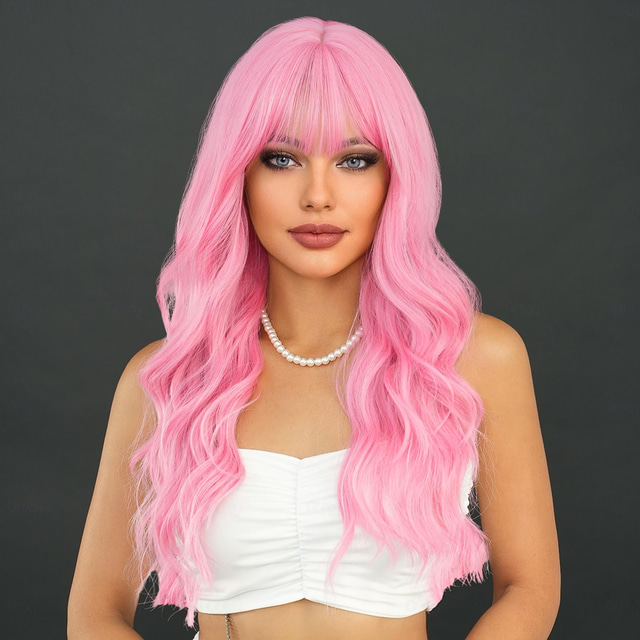  Peruca Longa Ondulada Rosa 24in Fibra Sintética Resistentes ao Calor Peruca Cacheada Rosa Claro com Franja Halloween Cosplay Festa