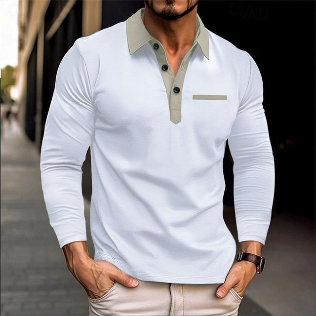  Men's Golf Shirt Golf Polo Work Casual Lapel Long Sleeve Basic Modern Color Block Patchwork Button Spring &  Fall Regular Fit Black White Pink Dark Pink Navy Blue Khaki Golf Shirt