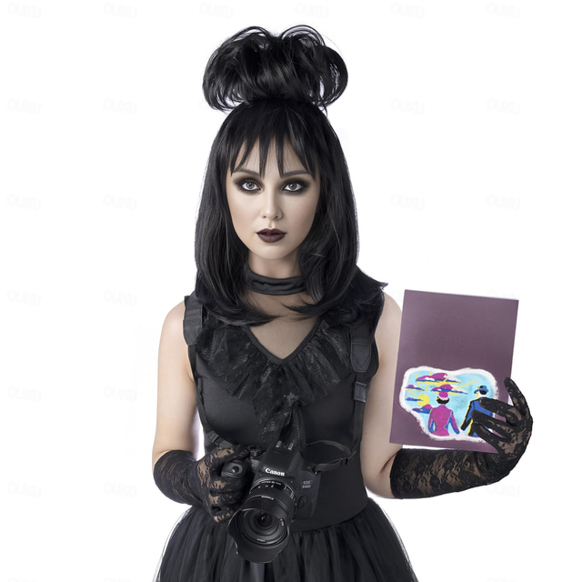 Lydia Deetz Cosplay Costume Party Perruque Mariée Chignons Moelleux Bouclés Femme Noir Moyen Long Droit Beetle Perruque avec Frange Accessoires de Costume d'Halloween (Noir/Lydia)