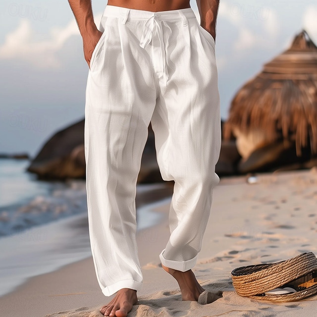  Men's Trousers Summer Pants Beach Pants Drawstring Pleats Straight Leg Plain Comfort Breathable Full Length Casual Daily Holiday Fashion Classic Style Black White