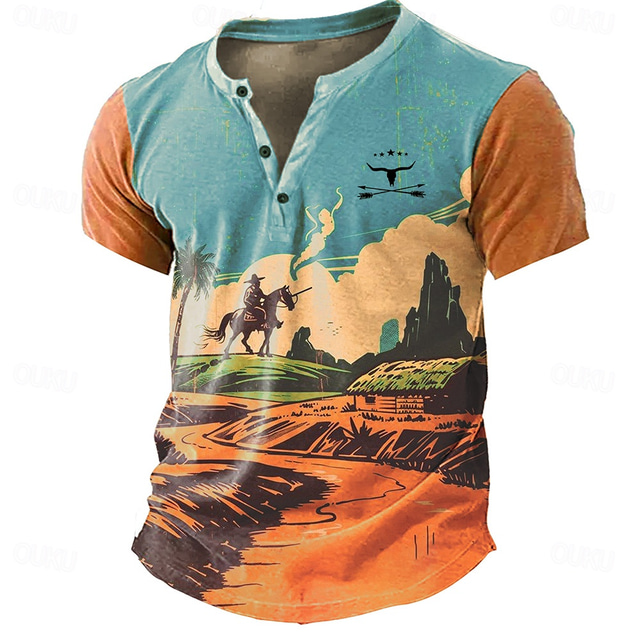  Męskie Kowboj Podkoszulek Koszula Henley Krótki rękaw Druk 3D Retro / vintage styl zachodni Ulica Codzienny Lato Wiosna Niebieski Zielony Henley Koszulka Henley