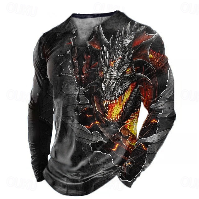  T shirt Tee Dragon Deep V Clothing Apparel 3D Print Street Theme Party Long Sleeve Lace up Vintage Designer