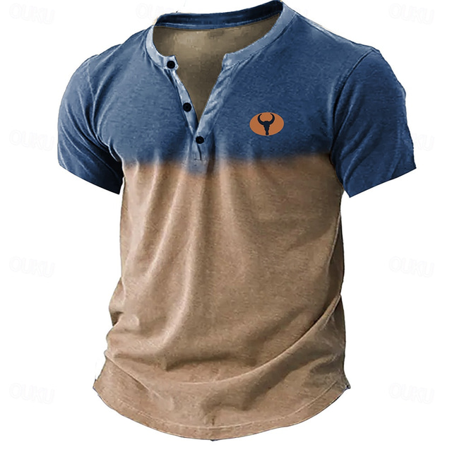  Męskie Kowboj Podkoszulek Koszula Henley Krótki rękaw Druk 3D Designerskie Retro / vintage styl zachodni Ulica Codzienny Lato Wiosna Niebieski Pomarańczowy Khaki Henley Koszulka Henley