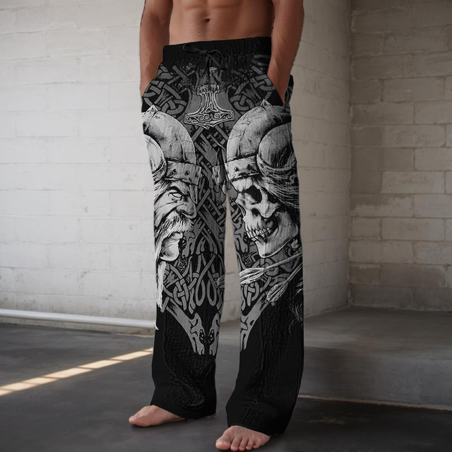  Skull Dark Men's Casual Pants Straight Leg Full Length Holiday Black Inelastic