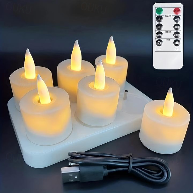  6pcs Rechargeable LED Flameless Candles - Battery Operated Votive Tea Lights for Pumpkin, Valentine's Day, Thanksgiving, and Wedding Decorations