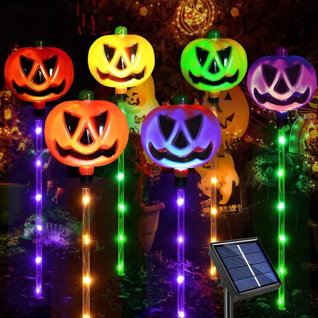  6pcs Solar Halloween Pumpkin Garden Stake Lights Light Up Pumpkin, Solar Halloween Yard Stake Outdoor Waterproof Lighted Pumpkin Lights for Garden Patio Yard Pathway Grave Decor