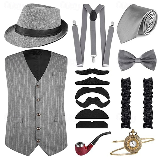  Retro Vintage Roaring 20s 1920s Outfits Vest Waistcoat The Great Gatsby Gentleman Fashion Men's Christmas Halloween Carnival Prom Bachelorette Party Festival Adults' Cravat Vest More Accessories All