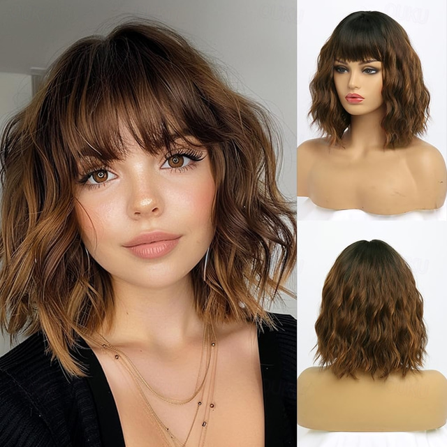  Brown with Light Brown Wigs Short Wavy Bob Wig with Bangs Medium Lenth Synthetic Hair for Daily Party(12 Inch)