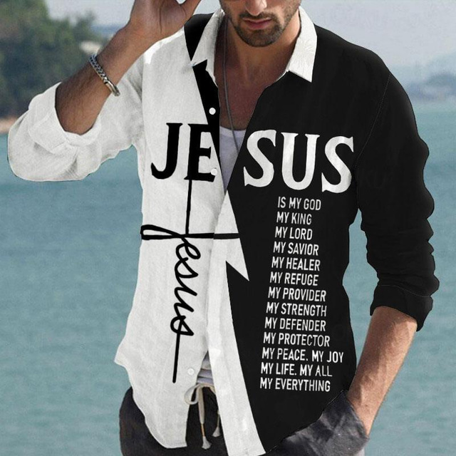  Herren Hemd Buchstabe Grafik-Drucke Kreuz Jesus Umlegekragen Blau-Grün Weiß Rosa Blau Grün Outdoor Strasse Langarm Bedruckt Bekleidung Modisch Strassenmode Designer Brautkleider schlicht