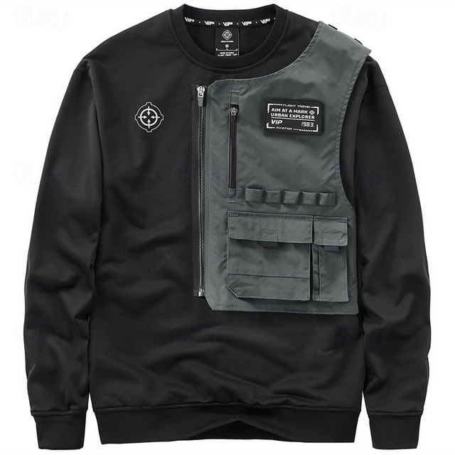  Men's Sweatshirt Black Crew Neck Color Block Patchwork Zipper Sports & Outdoor Daily Holiday Streetwear Basic Casual Spring &  Fall Clothing Apparel Hoodies Sweatshirts 