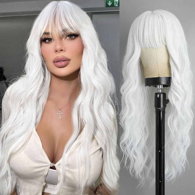  Wig With Bangs Long Wavy Wig For Women Wigs Synthetic Curly wig Natural Looking Heat Resistant Hair For Daily Party Cosplay Use 26 Inches Halloween Wigs