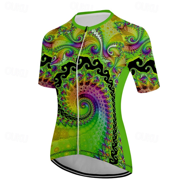  Women's Cycling Jersey Short Sleeve Bike Tee Tshirt Top with 3 Rear Pockets Mountain Bike MTB Road Bike Cycling Quick Dry Front Zipper Wicking Green Paisley Spandex Sports Clothing Apparel