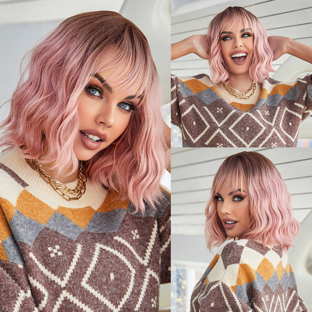  Synthetic Wig Natural Wave Bob Neat Bang Wig 12 inch Black / Pink Synthetic Hair Women's Multi-color Mixed Color