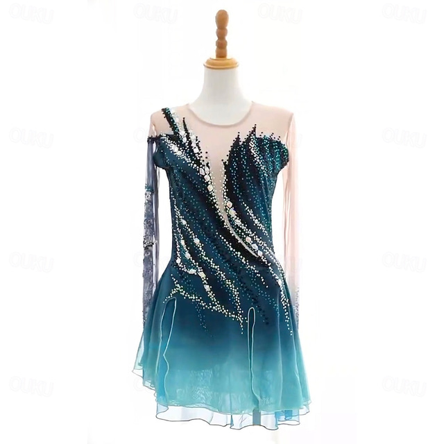  Figure Skating Dress Women's Girls' Ice Skating Dress Burgundy Dark Green Patchwork Thumbhole Mesh High Elasticity Training Competition Skating Wear Classic Long Sleeve Ice Skating Figure Skating