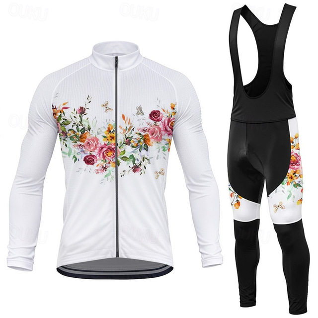  Men's Cycling Jersey with Bib Tights Long Sleeve Mountain Bike MTB Road Bike Cycling Pink Purple Green Floral Botanical Bike Spandex Sports Floral Botanical Clothing Apparel