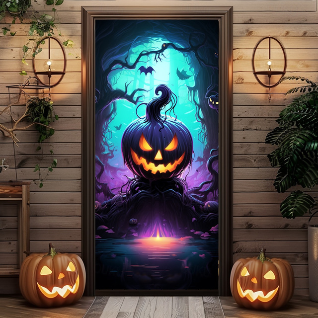  Decoraciones de puerta de Halloween, cubiertas de puerta de Halloween, calabaza de Jack-O-Lantern, castillo, tapiz de puerta, cortina de puerta, decoración, telón de fondo, pancarta de puerta para