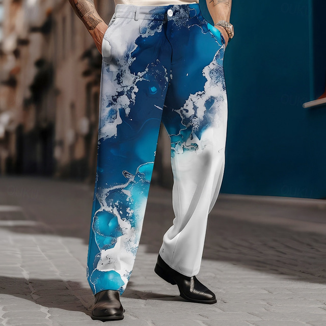  Men's Graphic Dress Pants Mid Waist Business Casual Formal Dailywear Pocket Straight Leg Trousers Summer Spring Fall 3D Print Blue