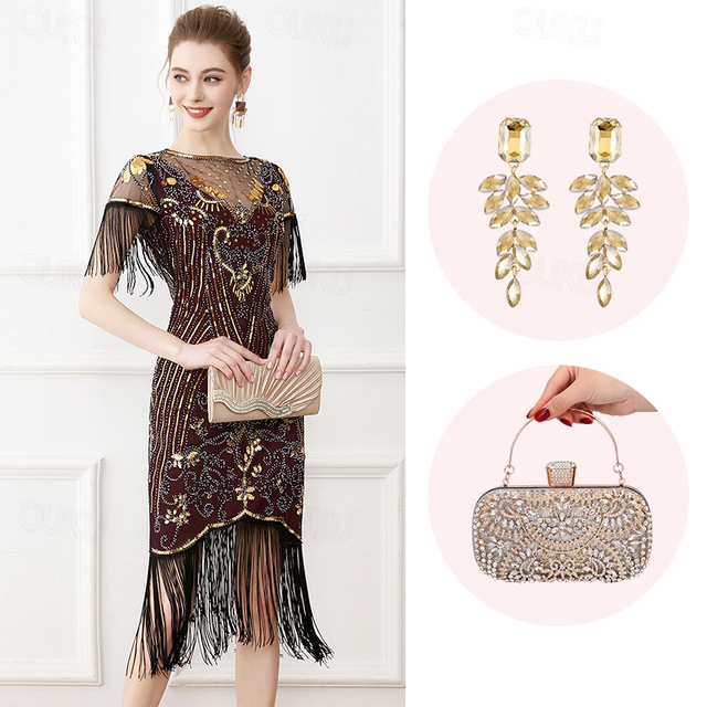  Retro Vintage Roaring 20s 1920s Knee Length Flapper Dress Outfits Short Sleeves The Great Gatsby Wedding Guest Sequins Tassel Fringe Scoop Neck Fancy Dress Women's Christmas Carnival Masquerade