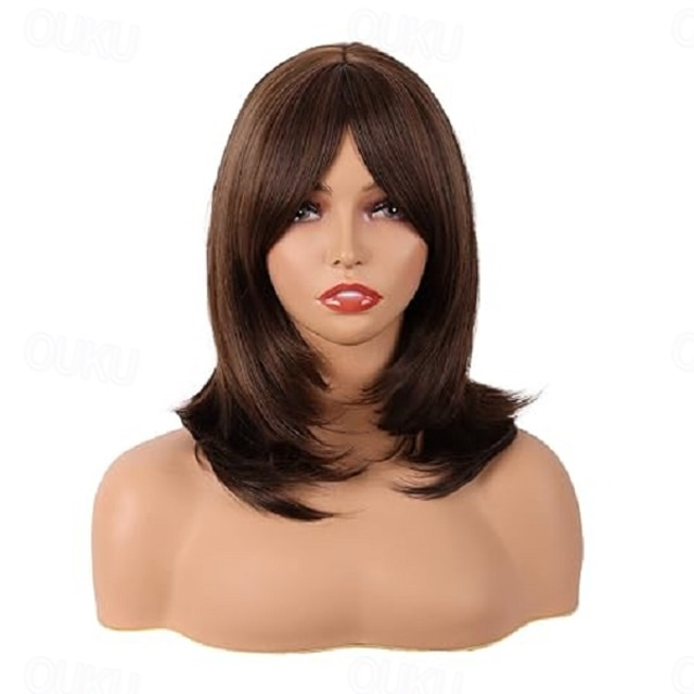  18 Inch/45 cm Layered Bangs Straight Synthetic Fiber Shoulder Length Hair Daily Use Wig Carnival Wigs