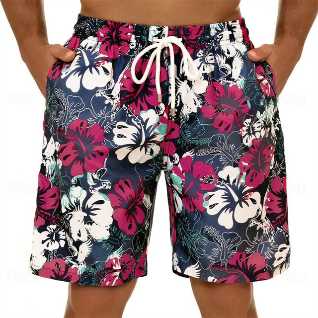  Men's Graphic Flower / Floral Board Shorts Swim Shorts Swim Trunks Mid Waist Streetwear Hawaiian Boho Casual Daily Holiday Drawstring with Mesh lining Elastic Waist Designer Clothing Apparel