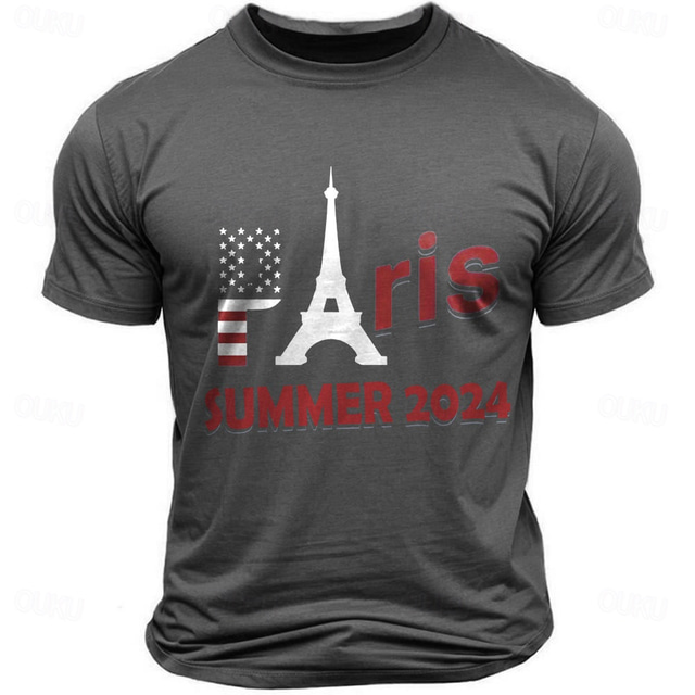  Men's Letter Paris American Flag T Shirt Tee Top 100% Cotton Short Sleeve Graphic Shirt Black Army Green Dark Gray Comfortable Tee Street Sports Outdoor Fashion Designer Clothing