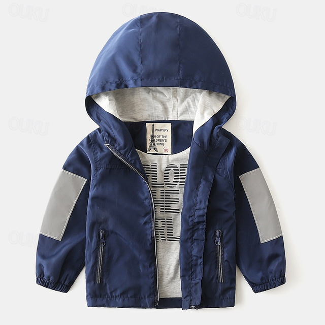  Boys' 3D Solid Color Coat Outerwear Long Sleeve Spring Fall Fashion Basic Little Kids(4-7ys) 4-7 Years Hooded Outdoor Casual Daily Regular Fit