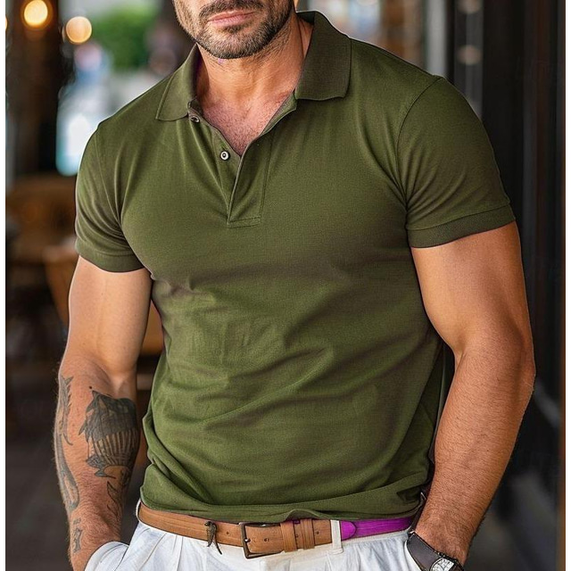  Men's Business Casual Lapel Short Sleeve Modern Formal Solid Color Button Summer Navy Blue Blue Green