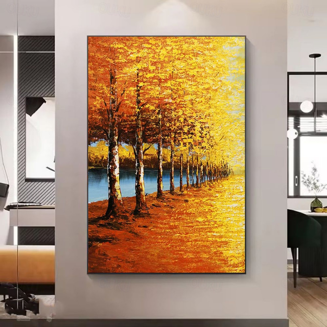  手作りの油絵キャンバス壁アート装飾秋のカエデの木の風景抽象的な黄金の並木道の風景家の装飾用ロールフレームなし未延伸絵画